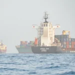 سفن حاويات راسية بالقرب من مضيق باب المندب قبالة سواحل اليمن في خليج عدن (أ ف ب)