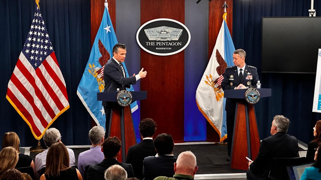 The Pentagon holding a press conference post-Iran strikes.AFP