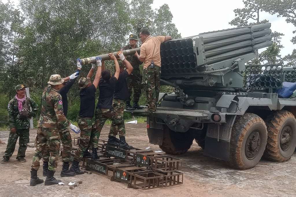 Cambodian soldiers prepare a multiple rocket launcher in Preah Vihear Province.