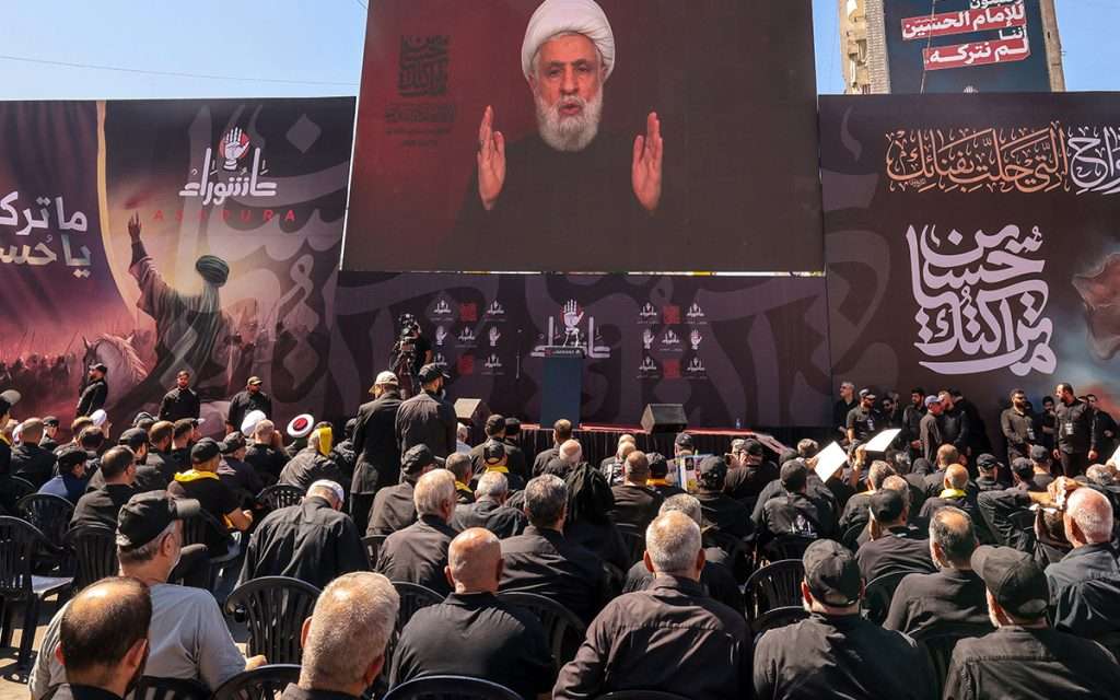 Hezbollah’s Secretary-General addressing his supporters in a televised speech. AFP