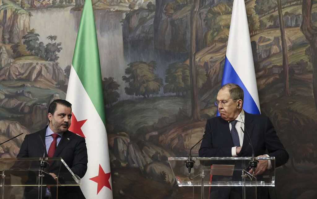 Sergei Lavrov and Asaad al-Shaibani during a joint press conference