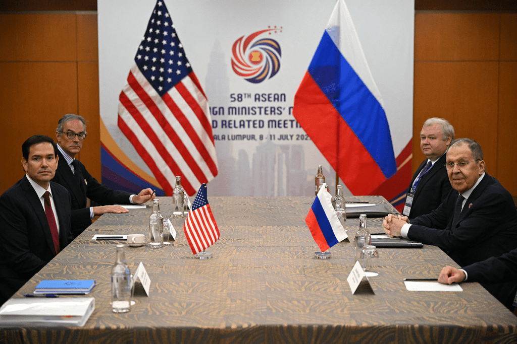Sergey Lavrov and Marco Rubio during the meeting. AFP