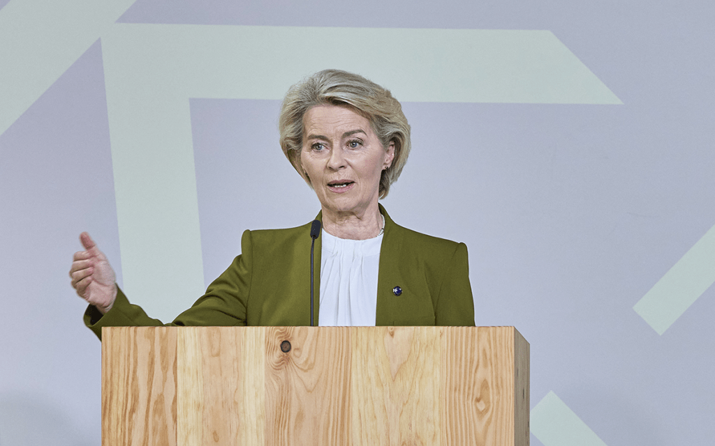 Ursula von der Leyen speaking at the press conference. AFP