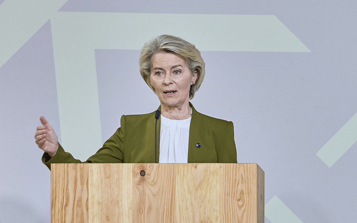 Ursula von der Leyen speaking at the press conference. AFP