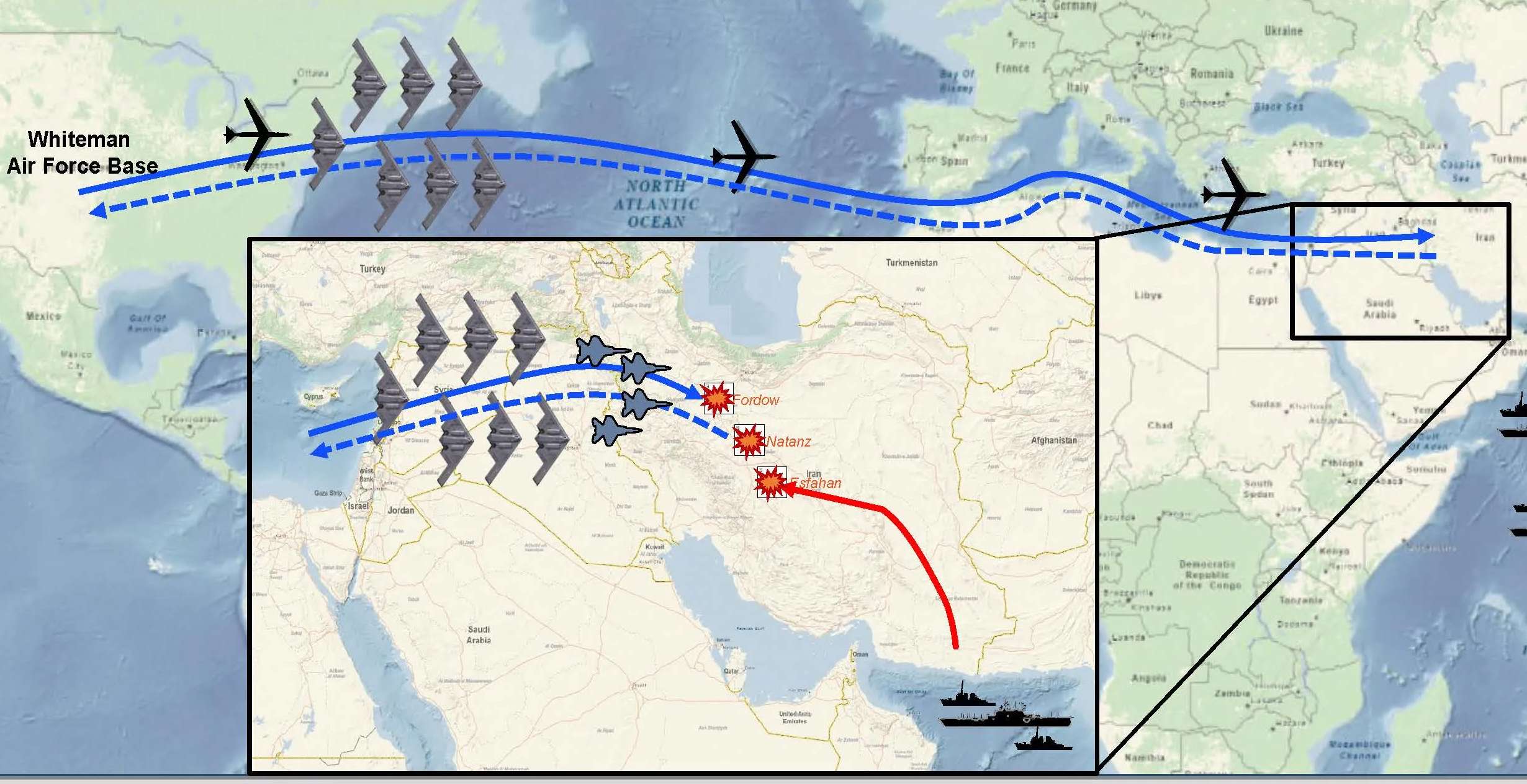 Aircraft flight paths during Operation Midnight Hammer (US Air Force)