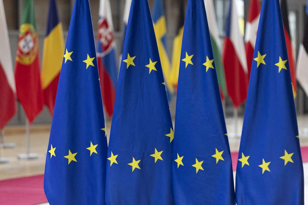 EU flags from the countries member states and the flag of Europe on poles in Europa Building the place where the EU leaders, ministers and officials have their meetings frequently like the European Council summit. European Union Headquarters, Brussels, Belgium on May 27, 2025 (Photo by Nicolas Economou/NurPhoto) (Photo by Nicolas Economou / NurPhoto via AFP)