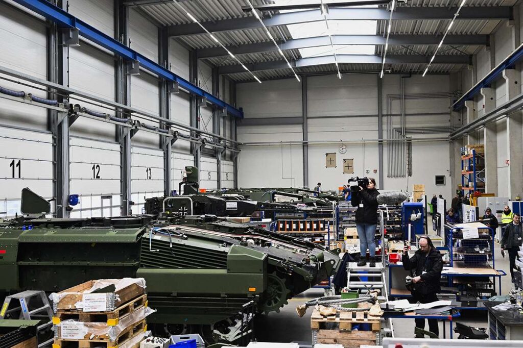 Tank production line at the Rheinmetall artillery manufacturing plant. AFP