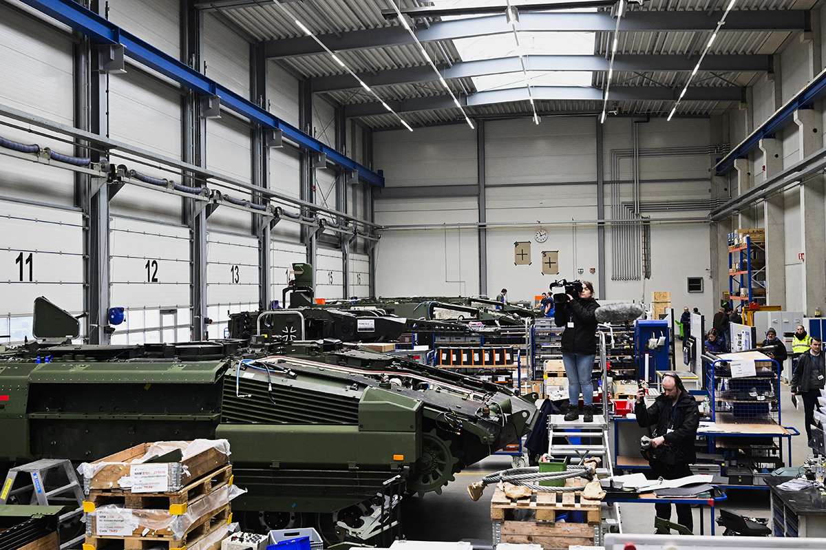 Tank production line at the Rheinmetall artillery manufacturing plant. AFP