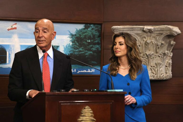 US ambassador to Turkey and special envoy for Syria Tom Barrack delivers a statement. AFP