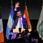 Zohran Mamdani celebrates after won an election at the Brooklyn Paramount Theater in Brooklyn, New York (AFP)