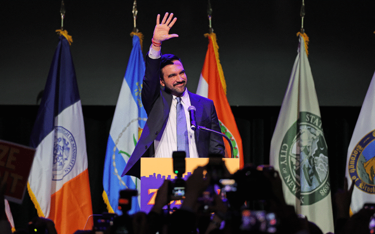 Zohran Mamdani celebrates after won an election at the Brooklyn Paramount Theater in Brooklyn, New York (AFP)