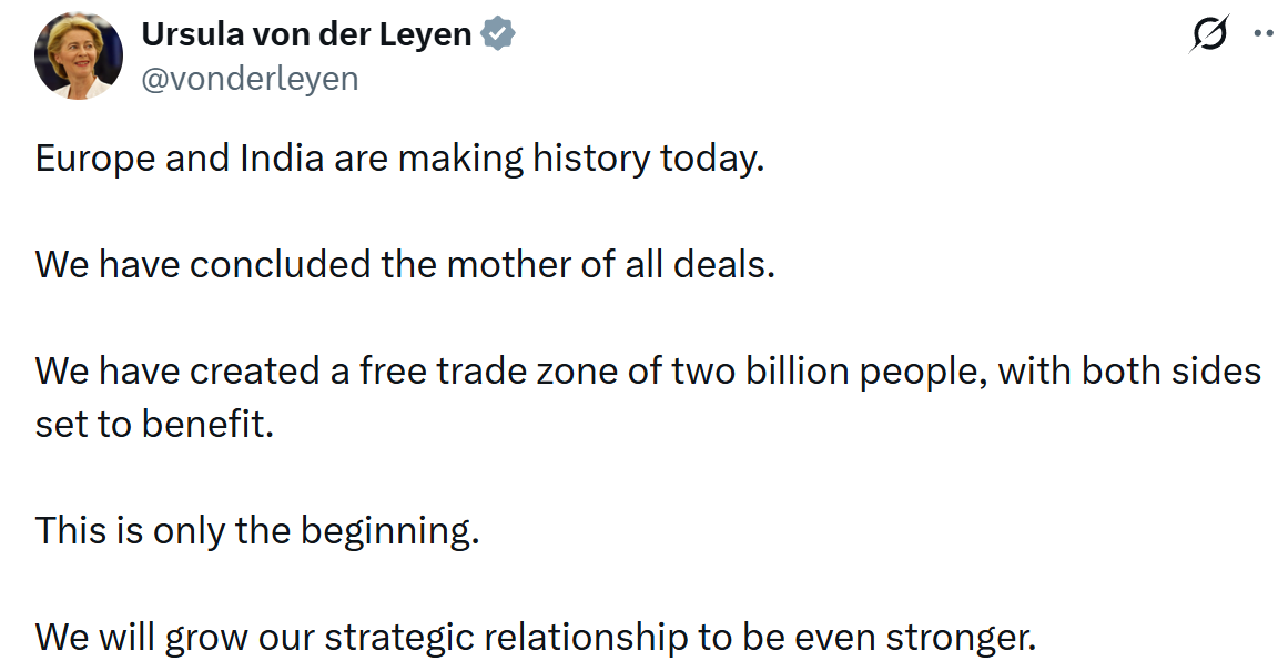 Von der Leyen: India-EU deal Creating 'Free Trade Zone of Two Billion People'