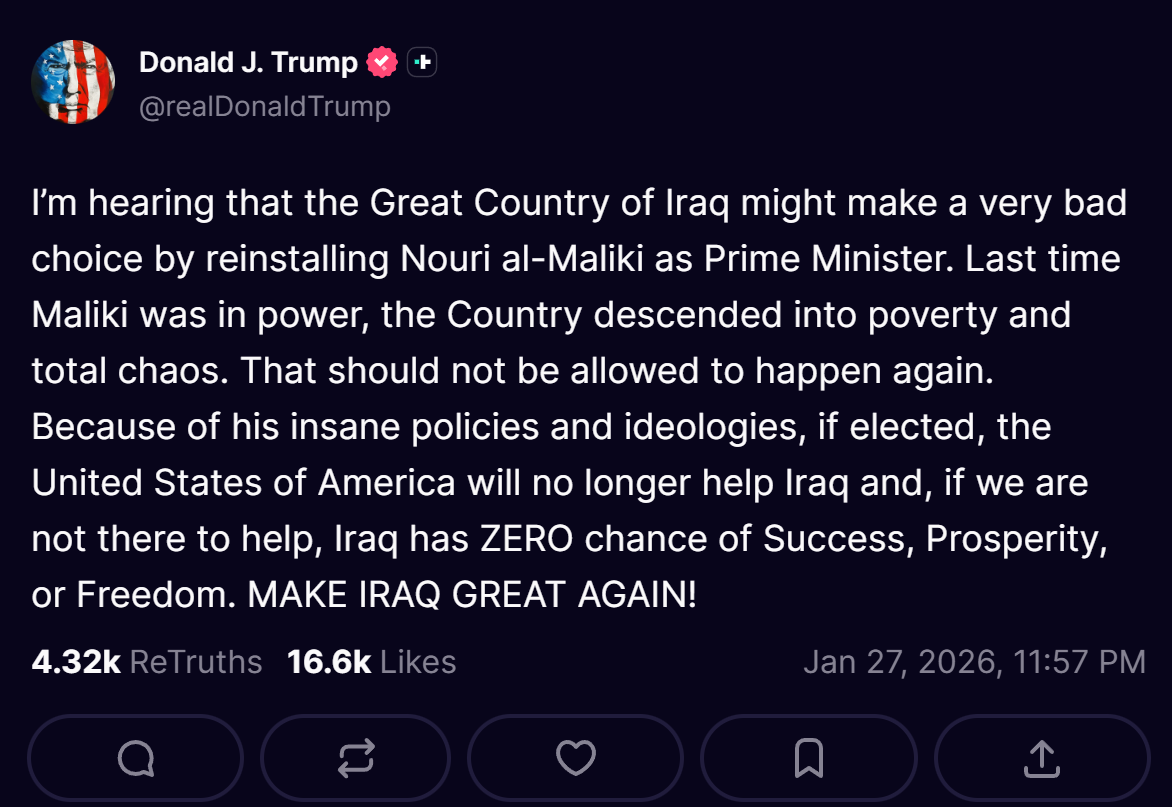 Trump Warns US to End Support for Iraq If Maliki Returns