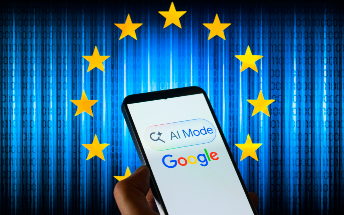 The Google logo is displayed on a mobile phone with the European stars in the background, in this photo illustration in Brussels, Belgium.