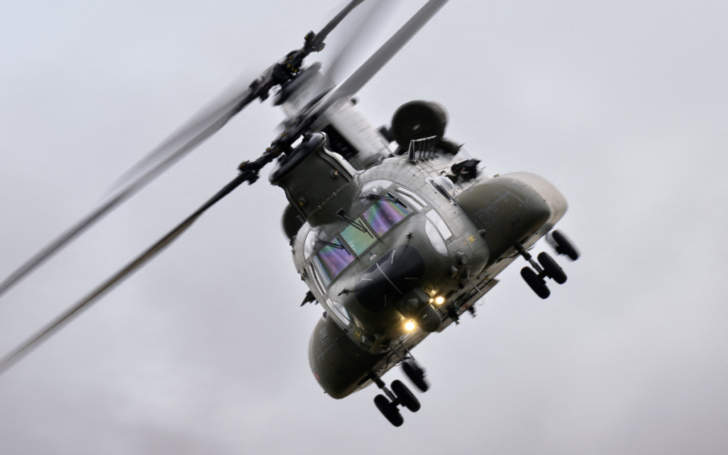 A Royal Air Force Boeing Chinook is participating in the Royal International Air Tattoo at RAF Fairford in Gloucestershire, England