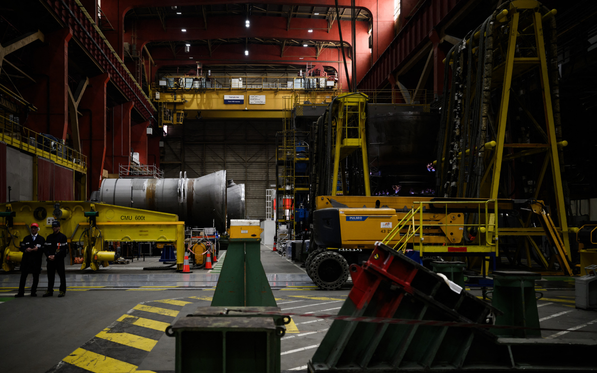 Employees work at the Framatome factory, that assembles heavy equipment for nuclear reactors, in Saint-Marcel, Saone-et-Loire department, eastern-central France