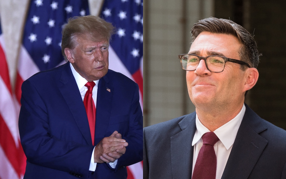 Trump clapping hands on the left, with the U.S. flag behind him, and Andy Burnham smiling on the right