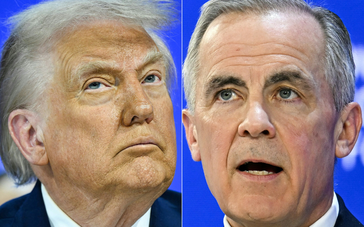 Portraits of U.S. President Donald Trump (left) and Canada's Prime Minister Mark Carney (right)