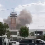 Threats After Saudi Strikes Divert Iranian Plane in Yemen Smoke can be seen in the sky after bombing at the Sanaa airport in Yemen