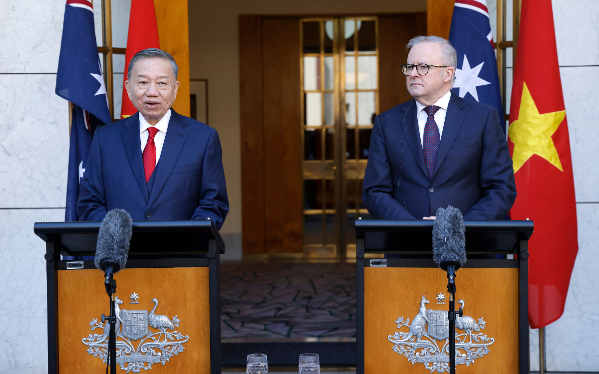 Vietnamese General Secretary and President To Lam (L) and Australian Prime Minister Anthony Albanese attend a joint press conference at Parliament House in Canberra