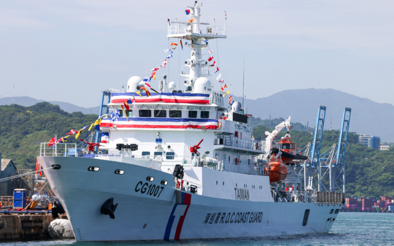 The Taiwan coast guard 1,000-ton class vessel Penghu (CG1007) is seen during the ship's delivery ceremony at the port in Keelung in July 2026