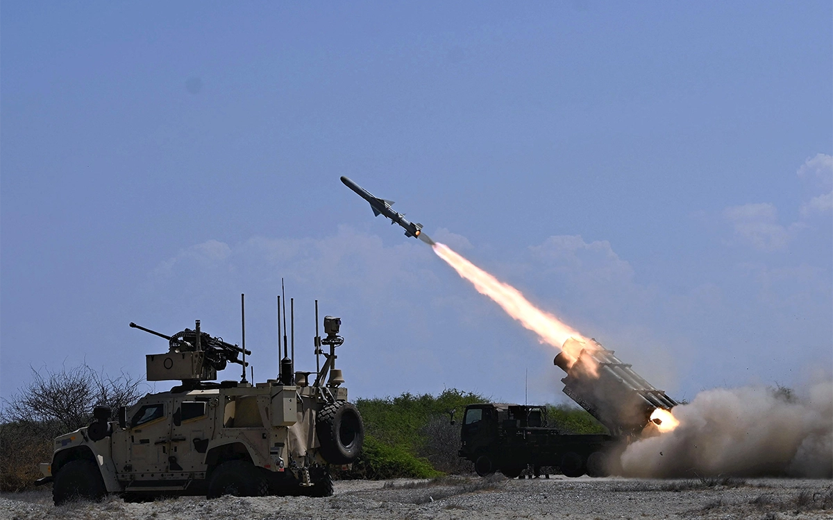 Launch of a surface-to-sea guided missile belonging to the Japanese Ground Self-Defense Forces during a joint military exercise.